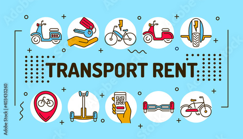 Transport rent word lettering typography. Infographics with linear icons on blue background. Creative idea concept. Isolated outline color illustration