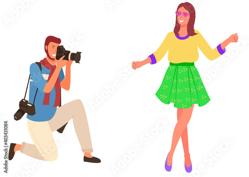 Photographer with photo camera and woman posing with flower, photosession vector. Girl and man taking picture, spring photoshooting. Photo for social media