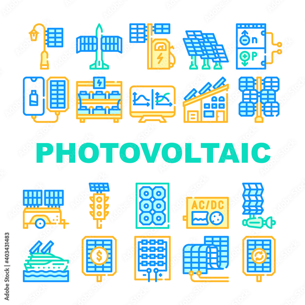 Photovoltaic Energy Collection Icons Set Vector Illustrations