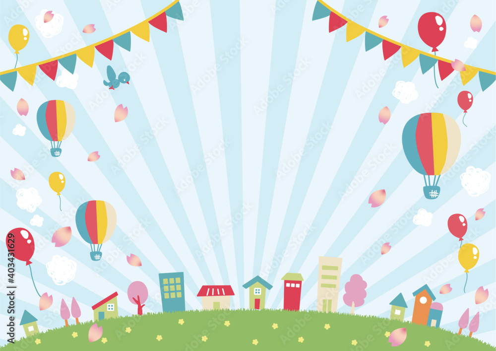 Vettoriale Stock 気球と風船が飛んでいる春の青空と街並みのイラスト 横位置1 Adobe Stock