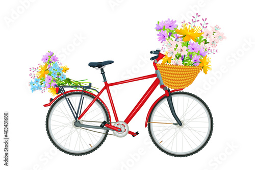 Bicycle with a flower wicker basket isolated on white background. Romantic red bicycle carrying a bouquet of spring wildflowers. Flower shops and delivery flowers service. Stock vector illustration