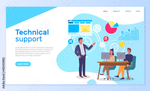 Technical support office people interact with computers. Landing page template with infographic elements and male instructor talking to characters sitting at a table, explains the information to them