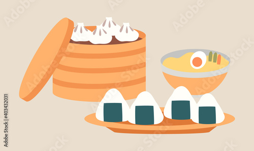 Oriental cuisine dishes vector illustration. Japanese food emblem isolated on a white background. Demonstration of serving onigiri with nori and ramen soup. Large deep mantle cooker with manti inside