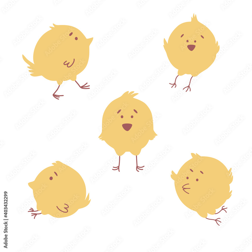 Set of funny cartoon five yellow chicken in various poses. Cute and funny colorful set chicken running, standing, sitting. Vector illustration. Isolated white background. Set of funny cartoon five yellow chicken in various poses. Cute and funny colorful set chicken running, standing, sitting. Vector illustration. Isolated white background.