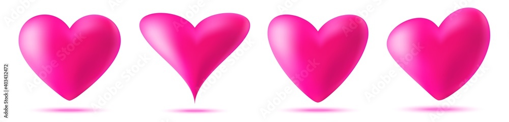 3d pink heart icon set. Valentines day card. Symbol of love. Valentine banner design element. Vector illustration.