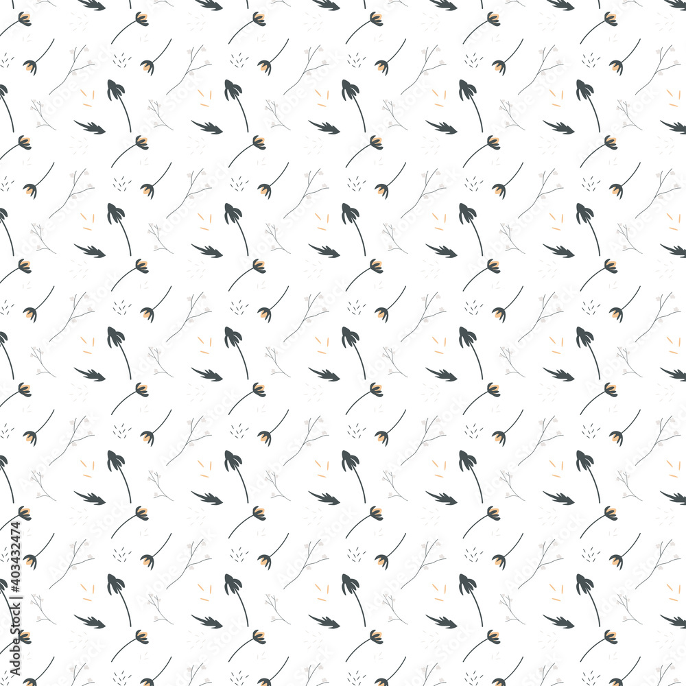Floral seamless pattern with branches and buttercups. Vector illustration. Simple background of flowers for fabric, wraps, wallpaper, paper. Isolated white background. Floral seamless pattern with branches and buttercups. Vector illustration. Simple background of flowers for fabric, wraps, wallpaper, paper. Isolated white background.