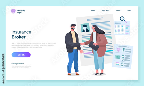 Insurance broker businessman shakes hands with a client woman on meeting, entered into a contract. Private property transport, health and life protection insurance webpage landing page template