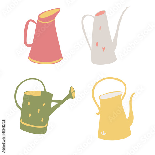 Vector set of beautiful watering cans. Spring gardening concept. Cartoon handdrawn style. Isolated white background.