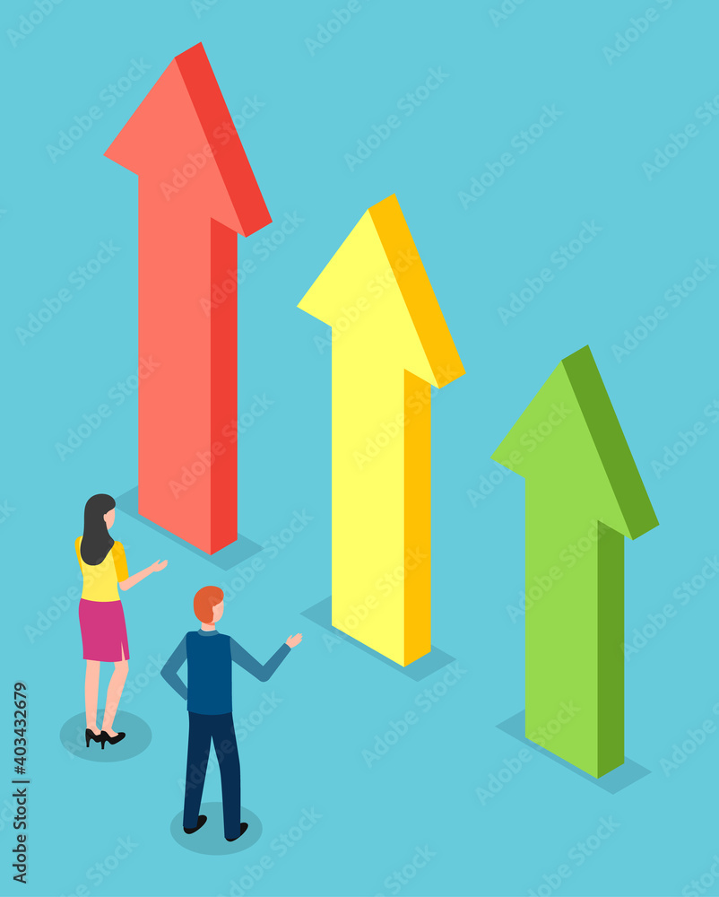 Isometric 3d illustration, woman and man looking at growing big arrows chart. Infographics, growth finance of business. People analysing info, infochart. Business statistics, financial strategy Isometric 3d illustration, woman and man looking at growing big arrows chart. Infographics, growth finance of business. People analysing info, infochart. Business statistics, financial strategy