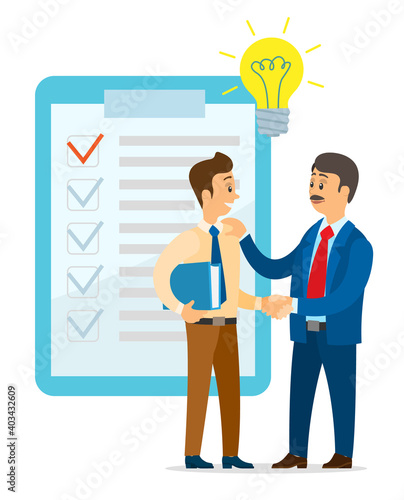 Guy and investor have successful deal for idea. Young man shaking hands with businessman. Boss give compliments to employee for good idea. Clipboard with checkmarks, lamp bulb above two people