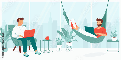 Two young men work with a laptop in an open office, coworking space. Employees sit in an armchair and lie in a hammock while working. Gay family works, studies remotely from home. Vector illustration