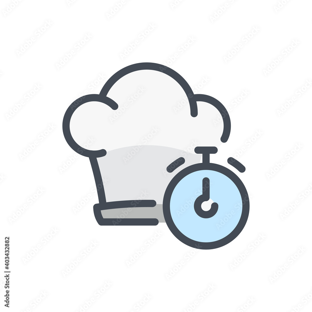 Cooking time color line icon. Chef hat with timer vector outline colorful sign. Cooking time color line icon. Chef hat with timer vector outline colorful sign.