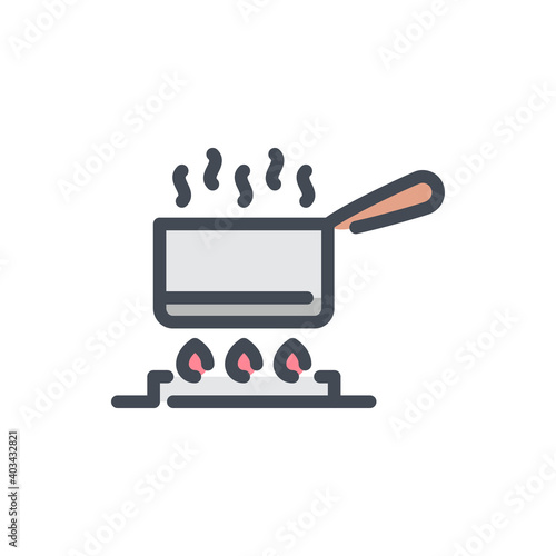 Saucepan with handle with boiling water on stove with fire color line icon. Cooking pan on gas stove vector outline colorful sign.