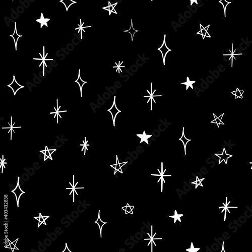 Seamless vector pattern with doodle stars on black background
