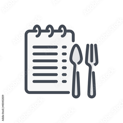 Recipe of dish and List of ingredients color line icon. Notebook with spoon and fork vector outline colorful sign.
