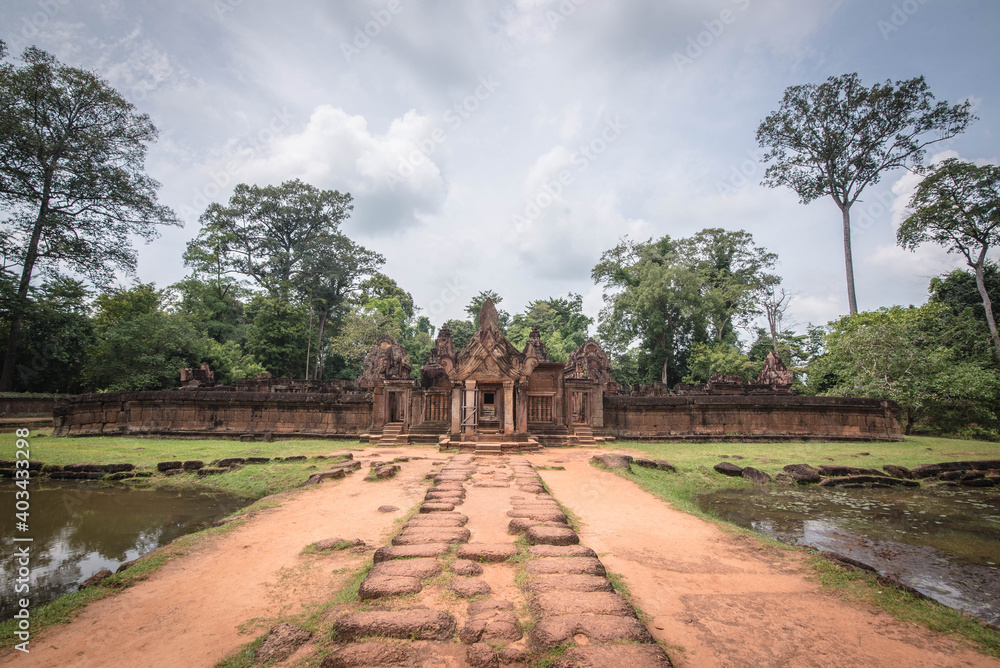 Road to the ancient pink sandstone castle Banteay Srei Located in Siem Reap, Cambodia 