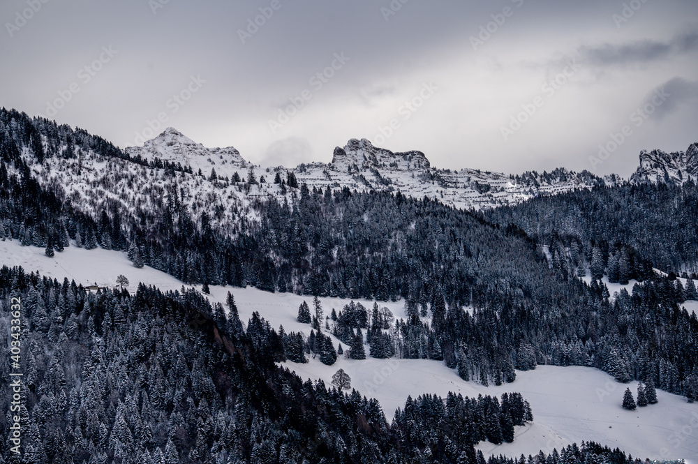 Snow covered mountains. Tranquil scene in winter. Les Pleiades, Switzerland.