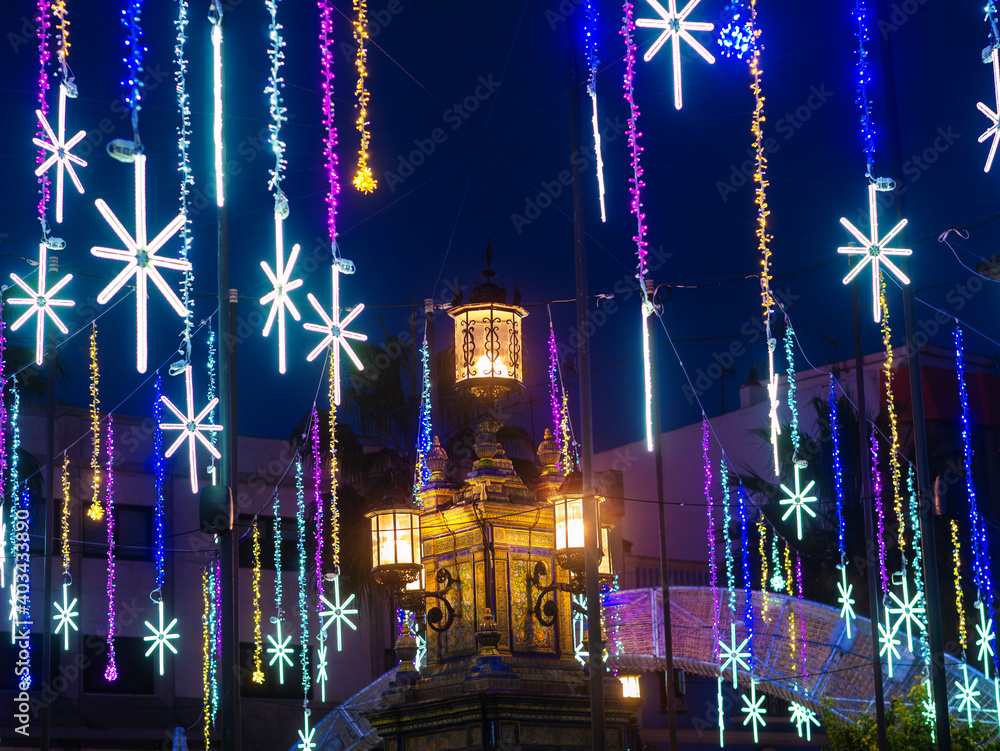 Christmas lights in the center of the town