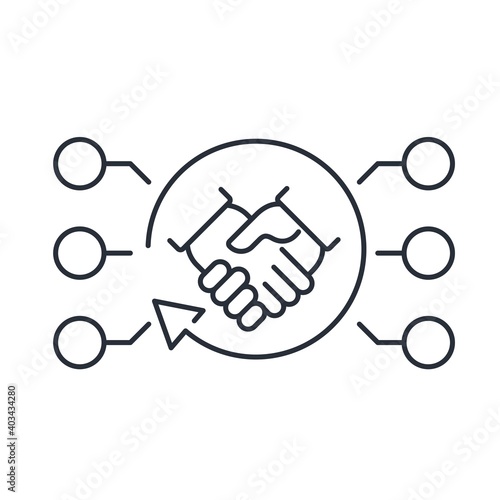 Electronic connections and handshake gesture. Operational cooperation in the electronic system. Vector linear icon isolated on white background.
