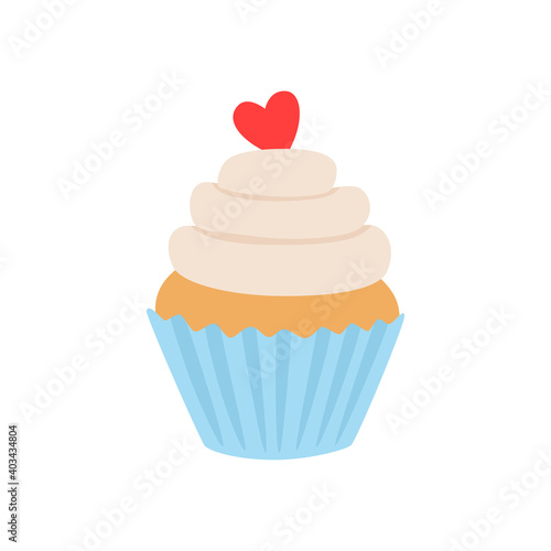Hand-drawn cupcake with a heart isolated on a white background in a trendy style. Element for creating a design for Valentine's Day, can be used on postcards, invitations, flyers, posters, advertising