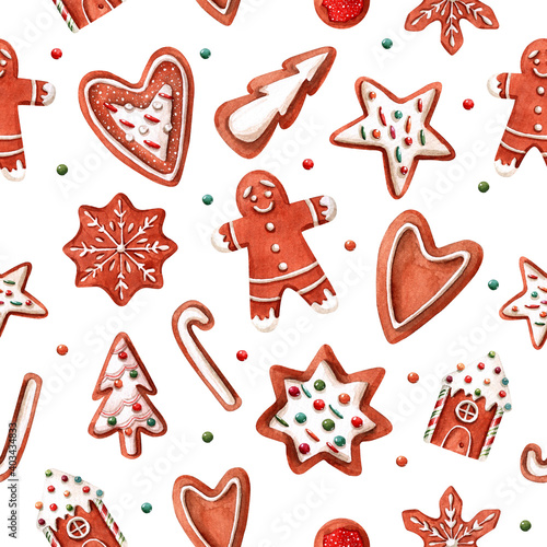 Christmas watercolor cookie pattern. Gingerbread and cookie man isolated. Watercolor illustration on white background. Cookies illustration for postcards, posters, textile design and other Souvenirs.