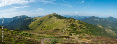 Wide panorama of grassy green hills and slopes at ridge of Low Tatras mountains with hiking trail footpath, mountain meadow, and pine scrub, Slovakia, summer sunny day, blue sky background
