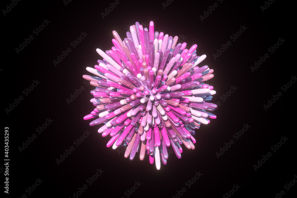 Pink ball, sphere with not sharp spikes, sticks around it on black background. Geometric shape in pink colors. All sticks around the ball are the different length. Studded ball. Pink ball, sphere with not sharp spikes, sticks around it on black background. Geometric shape in pink colors. All sticks around the ball are the different length. Studded ball.