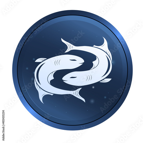 Black zodiac sign Pisces depicting two fish moving in opposite directions. Illustration of an astrology sign. Vector flat design icon.