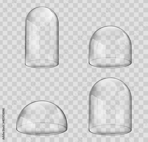 Glass dome and wooden tray realistic vector. 3D Realistic spherical and hemisphere kitchen utensils, bell jars, laboratory and exhibition cases.