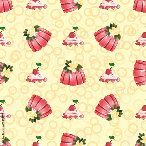 Jelly and cherry pattern. Confectionery sweets. Seamless pattern for kitchen, cafe, dining room.