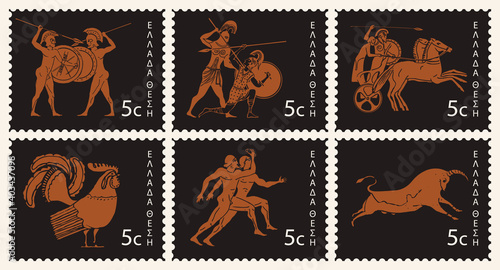 Set of postage stamps on the theme of ancient Greek culture and antique art in black and orange colors. Vector collection of postage stamps with a Greek inscription, which translates Greek Post