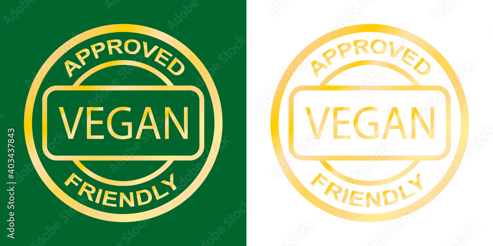 Vegan. Plant based vegeterian food product label. Gold round stamp. Logo or icon. Diet. Sticker. Label