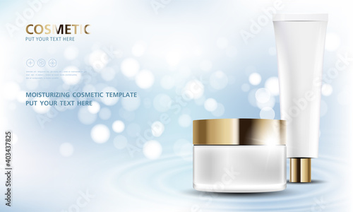 cosmetic product poster, bottle package design with moisturizer cream or liquid, sparkling background with glitter polka, vector design.