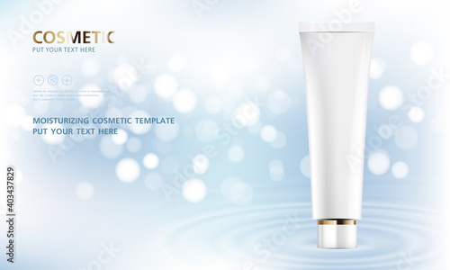 cosmetic product poster, bottle package design with moisturizer cream or liquid, sparkling background with glitter polka, vector design.