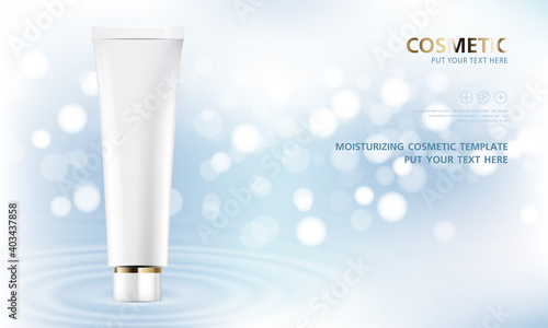 cosmetic product poster, bottle package design with moisturizer cream or liquid, sparkling background with glitter polka, vector design.