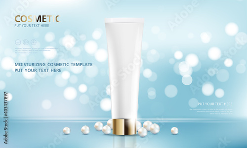 cosmetic product poster, bottle package design with moisturizer cream or liquid, sparkling background with glitter polka, vector design.
