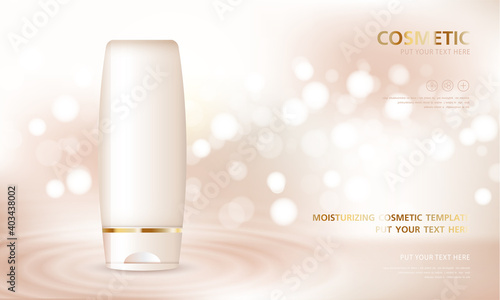 cosmetic product poster, bottle package design with moisturizer cream or liquid, sparkling background with glitter polka, vector design.