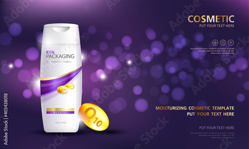 Bottles of shampoo. Cosmetic for design on purple background. Vector illustration.