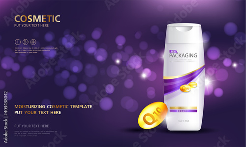 Bottles of shampoo. Cosmetic for design on purple background. Vector illustration.
