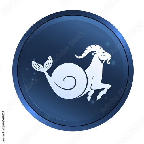 Black zodiac sign Capricorn depicting a goat head with huge horn in a circle. Side view. Illustration of an astrology sign. Vector flat design icon of a Mountain goat