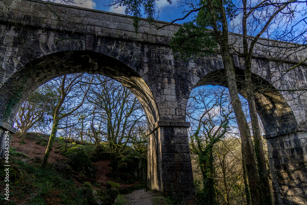 The huge arches of Luxulyan viaduct, Cornwall set against a blue winter sky