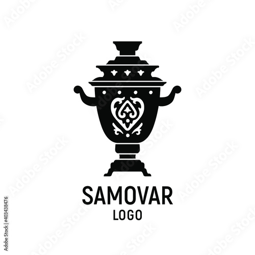 Samovar logo. Traditional tea ceremony. Maslenica festival. Russian culture. Isolated vector illustration. Symbol of Old Russia. Black and white logotype.