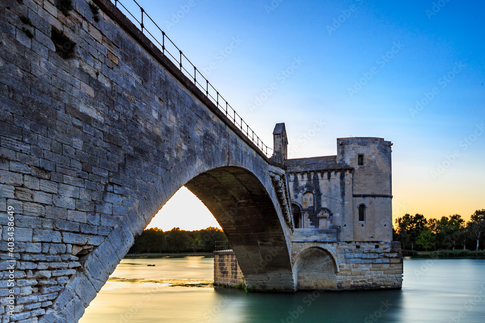 View of Avignon bridge, the medieval Saint Benezet Bridge at sunset, Avignon, southern France.