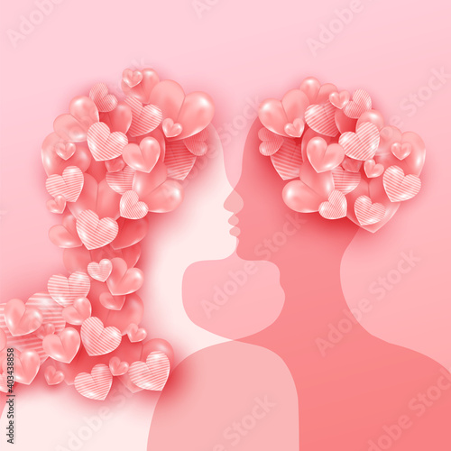 Silhouette of a young man and woman with love balloons shaped looking at each other. Happy charming couple in love.