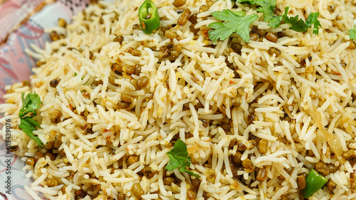 A closeup of Famous delicious pakistani and indian rice mong chawal