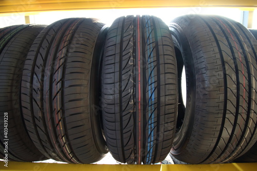 tires of car or vehicle standing in shop