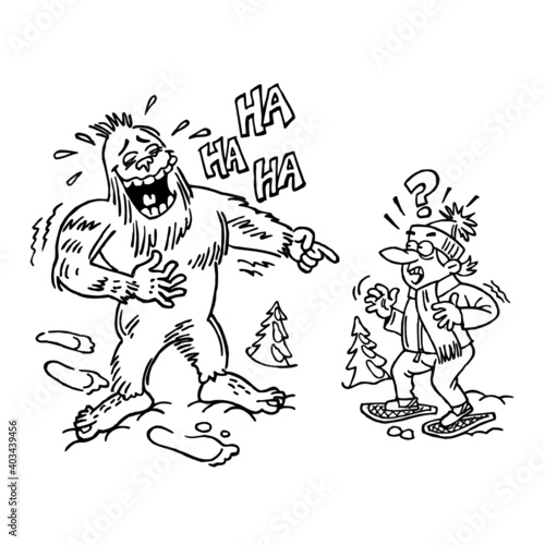 Bigfoot laughing hiker on snowshoes, winter sport joke, black and white cartoon