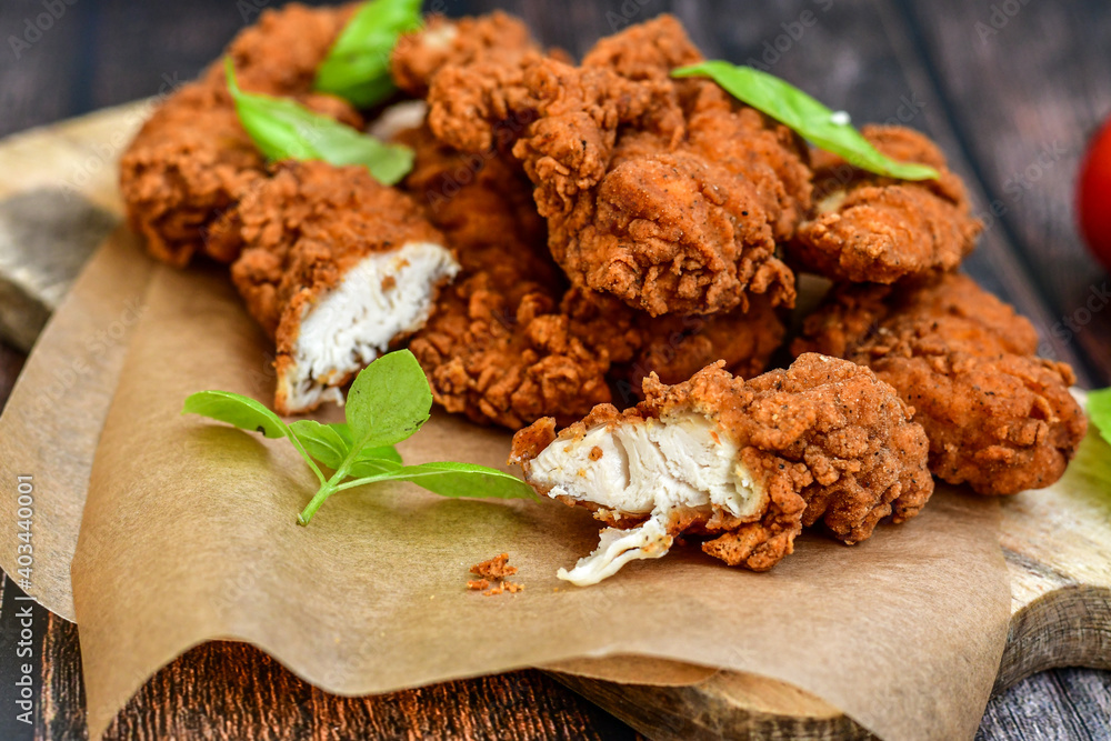 Crispy deep fried chicken strips. Breaded with cornflakes chicken