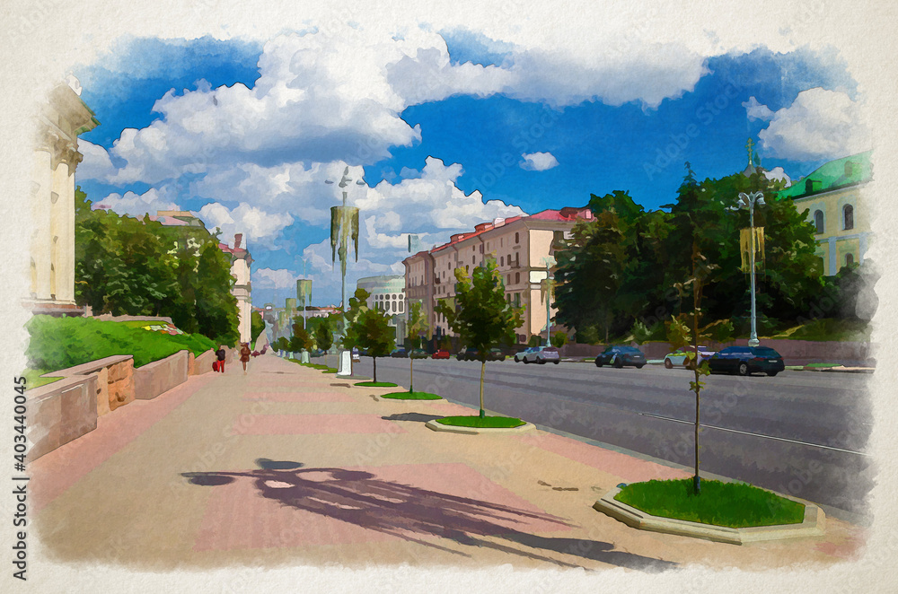 Watercolor drawing of Minsk: Independence Avenue with Socialist Classicism Stalin Empire style buildings, sidewalk pavement and riding cars
