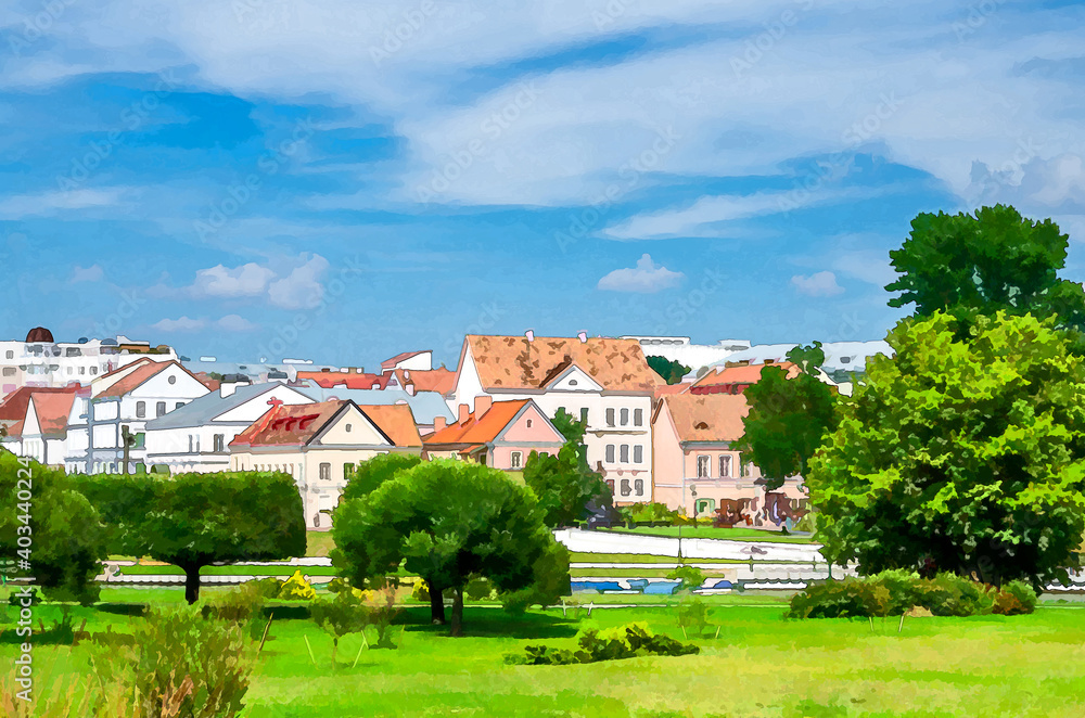 Watercolor drawing of Traeckaje Suburb with old buildings in Trinity Hill district and grass lawn with green trees in Minsk city historical centre Watercolor drawing of Traeckaje Suburb with old buildings in Trinity Hill district and grass lawn with green trees in Minsk city historical centre